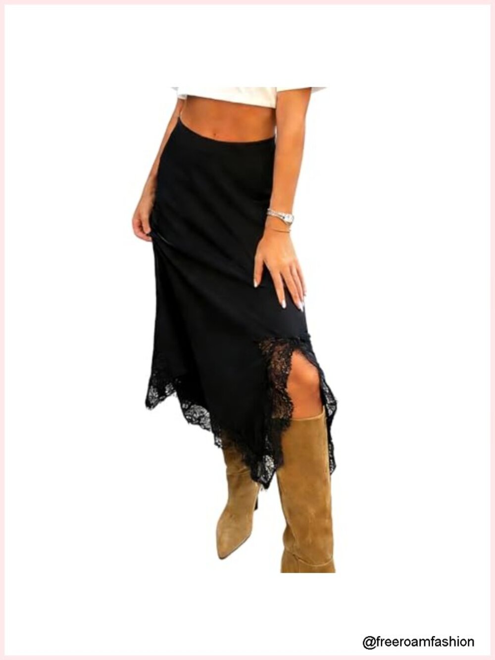 Womens Satin High Waisted Side Split Lace Patchwork Midi Bodycon Skirt